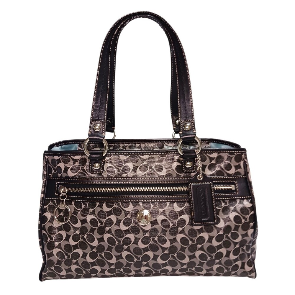 Coach Signature Black & Gray Chelsea Satchel Shoulder Bag Coated Canvas Leather - Picture 1 of 8